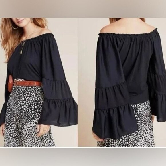Anthropologie Tops - By Anthropologie Gloria Off Shoulder Top Black Tiered Statement Sleeve Size M
